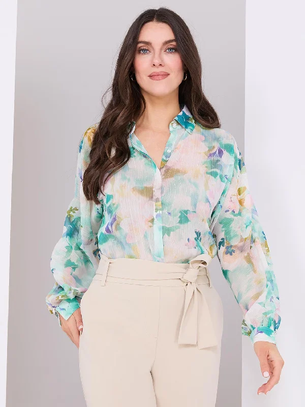 Floral Print Button-Front Chiffon Blouse