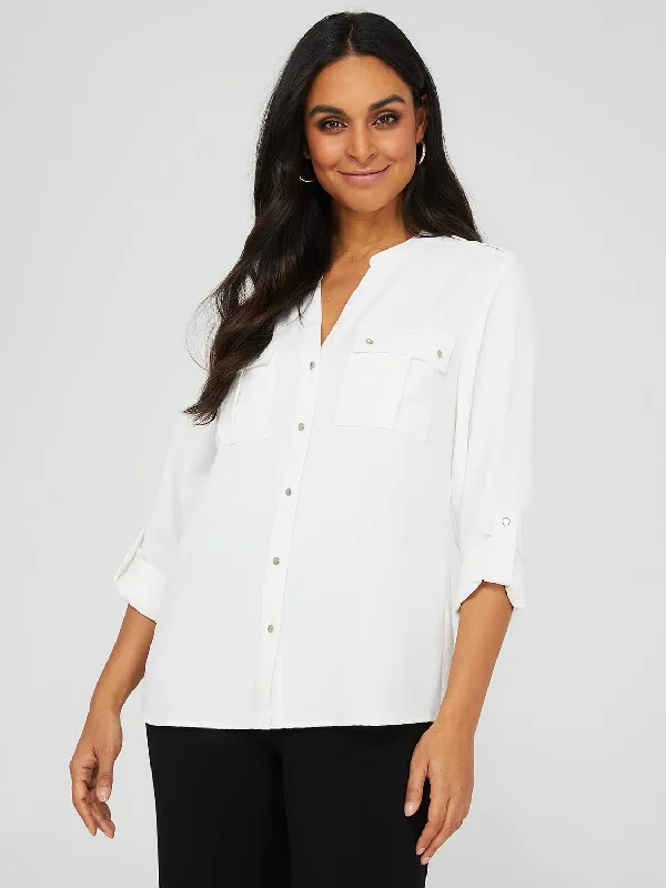 Textured Split Neck Blouse With Shoulder Tabs