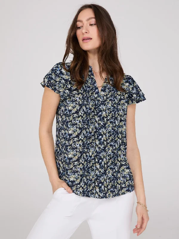 Floral Print Flutter Sleeve Button-Front Blouse