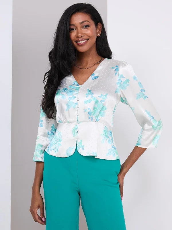 Floral Print Satin Button-Front Peplum Blouse