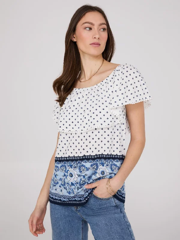 Off-The-Shoulder Textured Top With Border Print