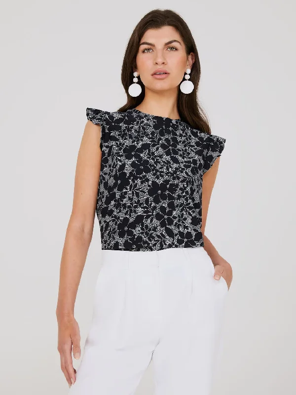 Printed Round Neck Top With Ruffle Details