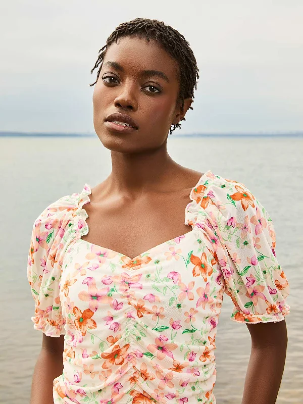 Printed Sweetheart Neckline Top With Puff Sleeves