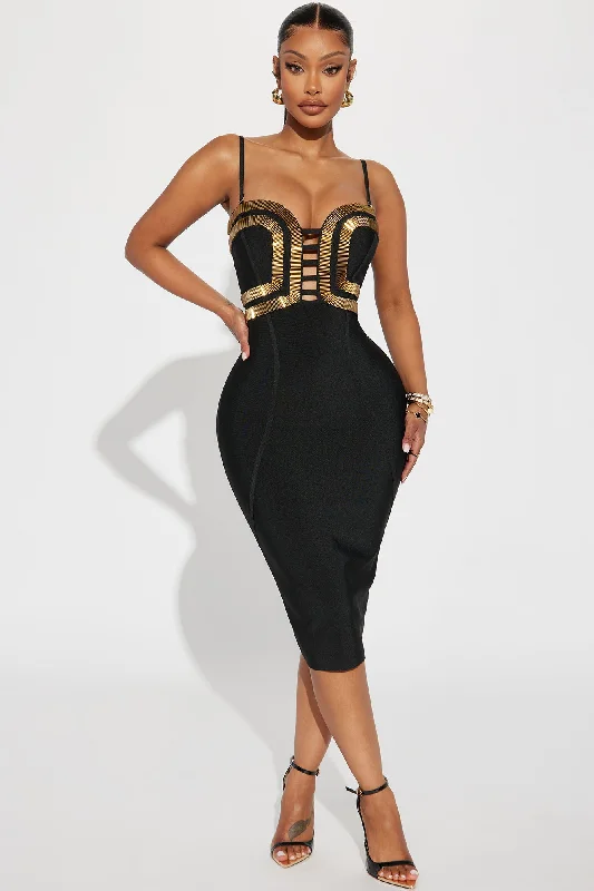 A Fine Time Bandage Midi Dress - Black/Gold