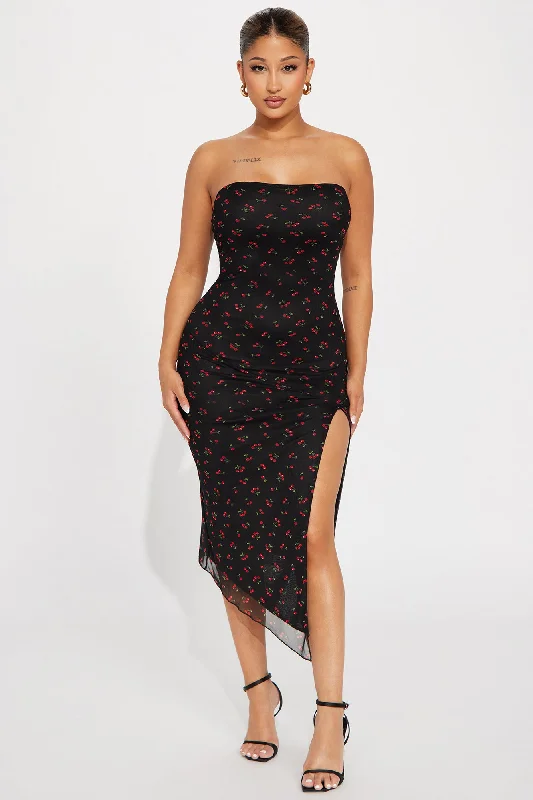 Amelia Cherry Print Mesh Midi Dress - Black/Red