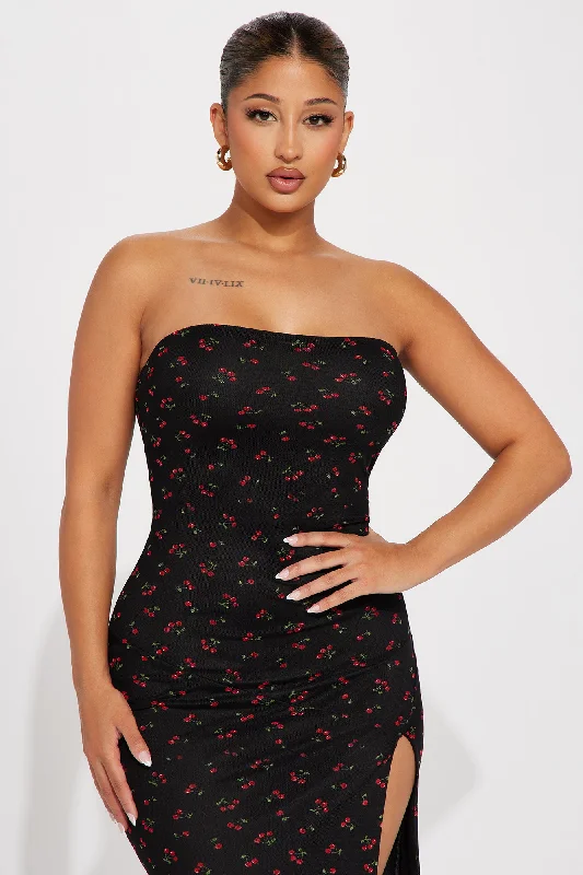 Amelia Cherry Print Mesh Midi Dress - Black/Red