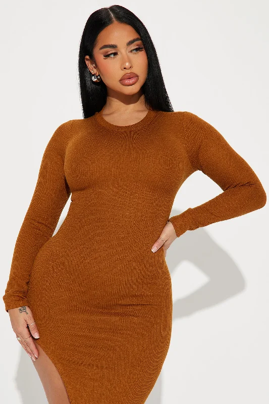 Arabella Long Sleeve Midi Dress - Cognac