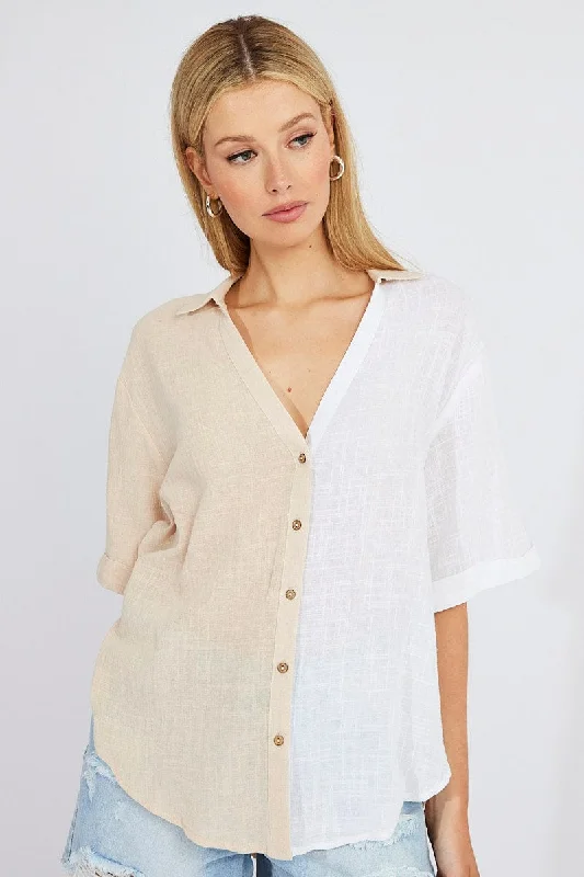 Beige Cotton Half Sleeve Relaxed Colour Block Shirt