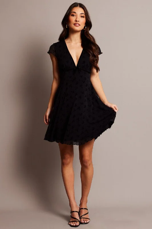 Black Ditsy Mini Dress Short Sleeve Burn out