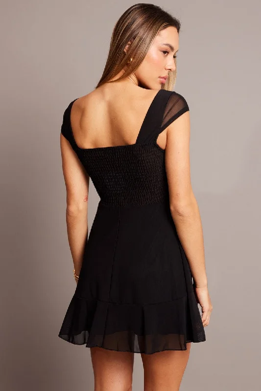 Black Fit And Flare Dress Mini Mesh