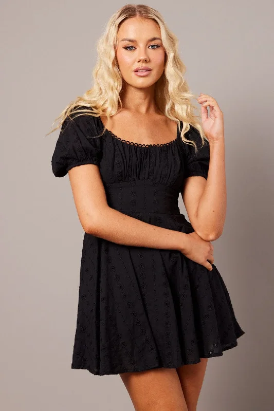 Black Fit And Flare Dress Puff Sleeve Eyelet