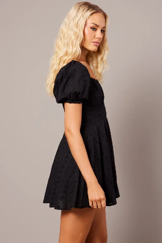 Black Fit And Flare Dress Puff Sleeve Eyelet