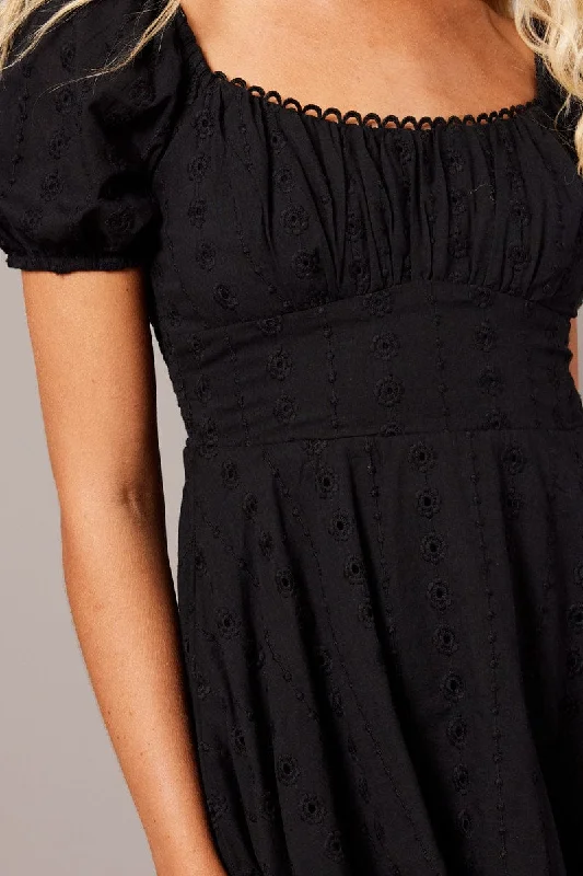 Black Fit And Flare Dress Puff Sleeve Eyelet