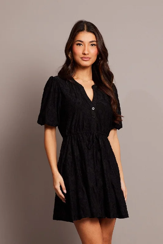 Black Fit And Flare Dress Puff Sleeve Mini Burnout