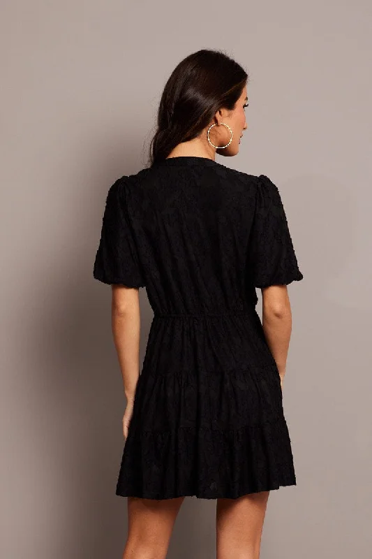 Black Fit And Flare Dress Puff Sleeve Mini Burnout