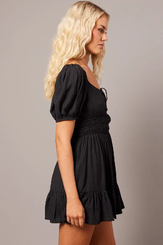 Black Fit And Flare Dress Puff Sleeve Mini