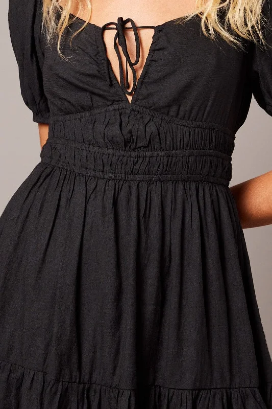 Black Fit And Flare Dress Puff Sleeve Mini