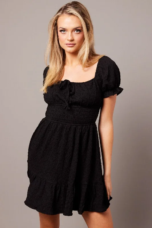 Black Fit And Flare Dress Puff Sleeve Textured fabric