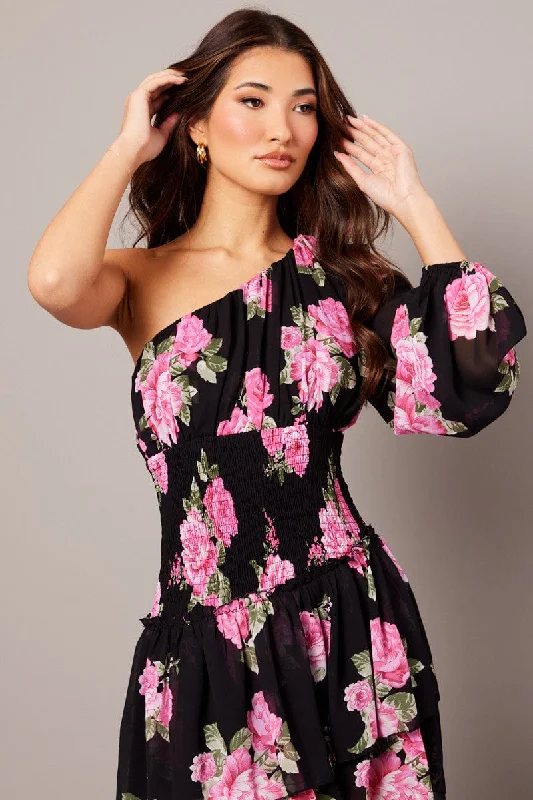 Black Floral One Shoulder Balloon Sleeve Layered Skater Dress