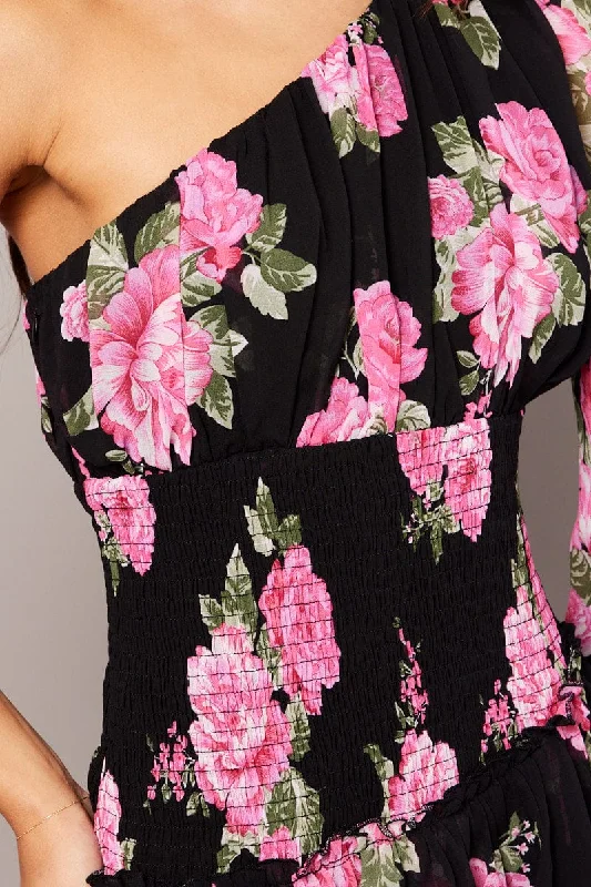 Black Floral One Shoulder Balloon Sleeve Layered Skater Dress