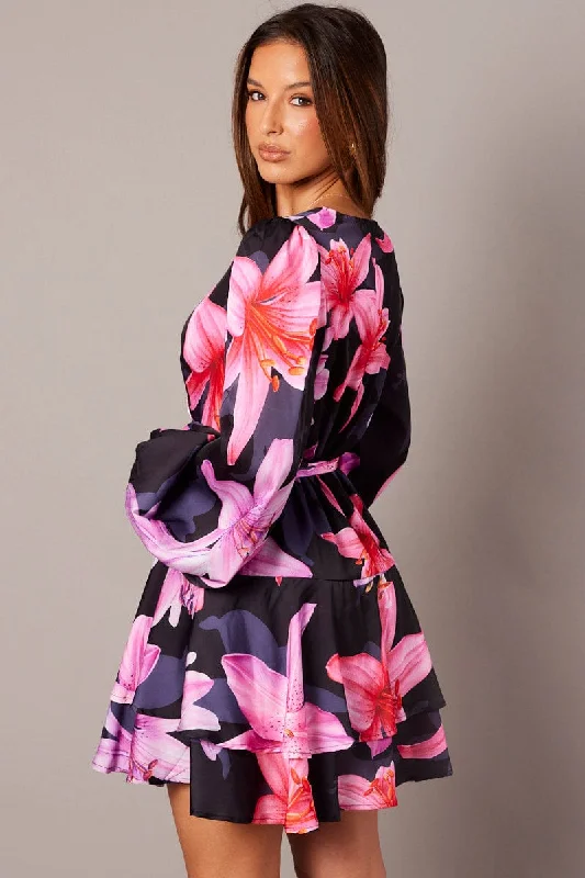 Black Floral Wrap Dress Balloon Sleeve Floaty Skater Dress