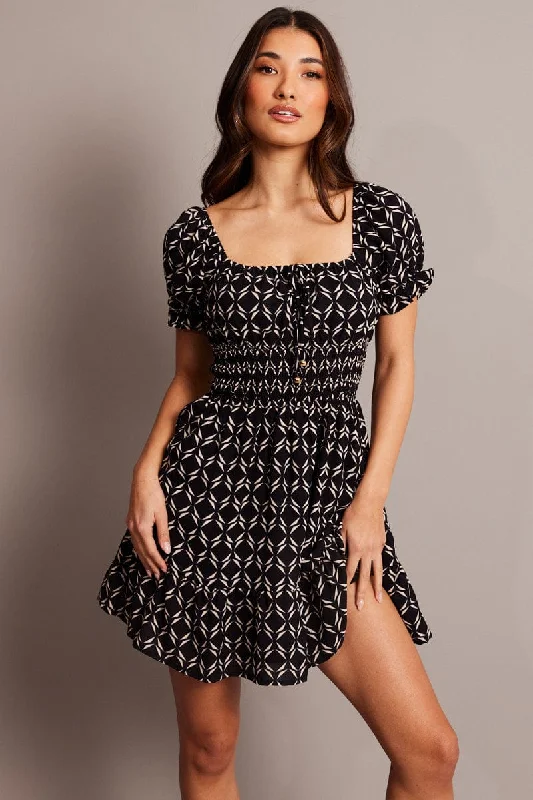 Black Geo Fit And Flare Dress Mini