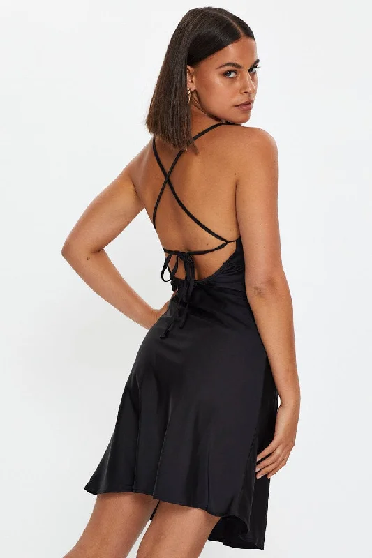 Black Strappy Satin Slip Mini Dress