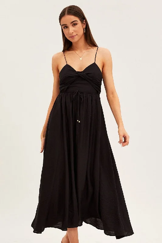 Black Twist Front Detail Satin Maxi Dress