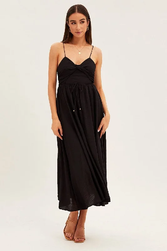 Black Twist Front Detail Satin Maxi Dress