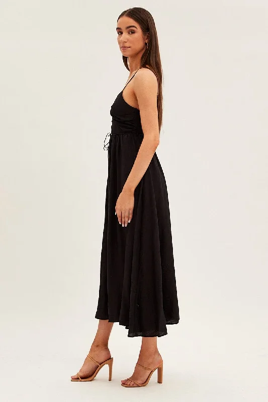 Black Twist Front Detail Satin Maxi Dress