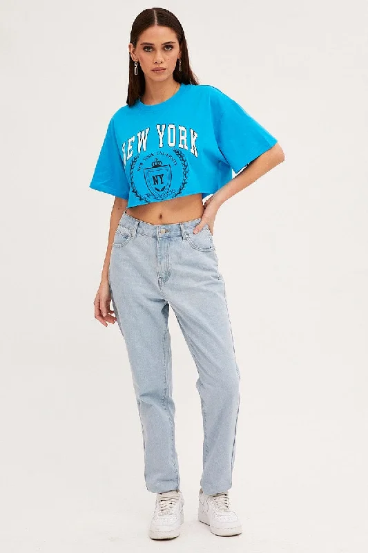 Blue Crop T Shirt Short Sleeve Crew Neck New York