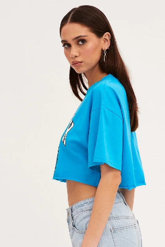 Blue Crop T Shirt Short Sleeve Crew Neck New York