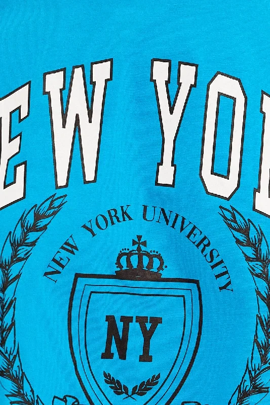 Blue Crop T Shirt Short Sleeve Crew Neck New York