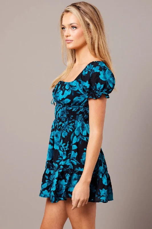 Blue Floral Fit And Flare Dress Puff Sleeve Mini