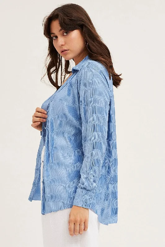 Blue Long Sleeve Plisse Shirt