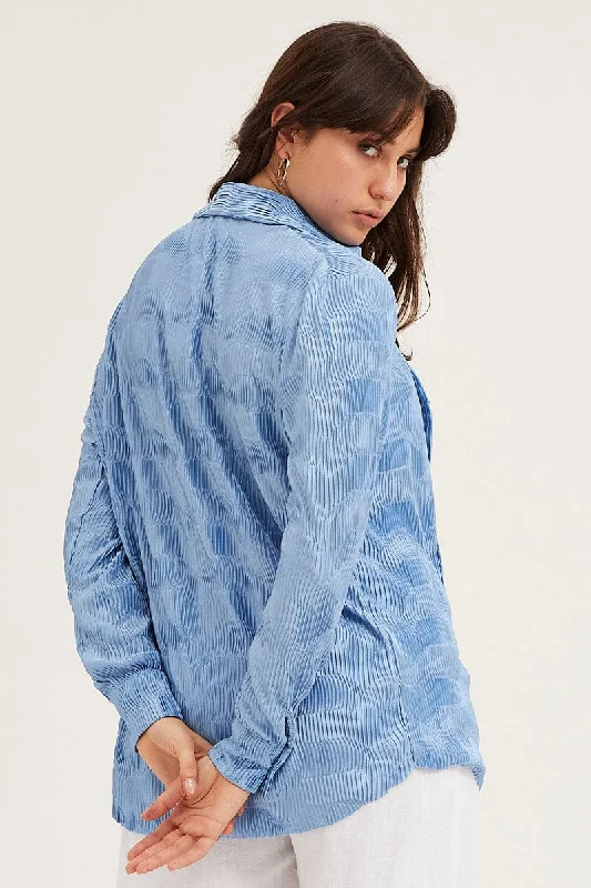 Blue Long Sleeve Plisse Shirt