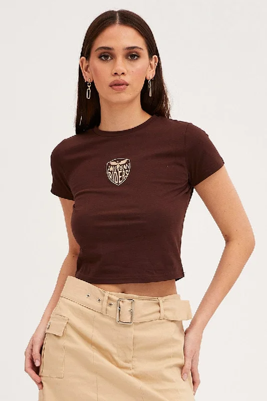 Brown Baby Tee Crew Short Sleeve Graphic Crop