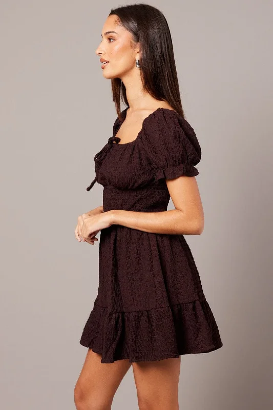 Brown Fit And Flare Dress Puff Sleeve Textured fabric