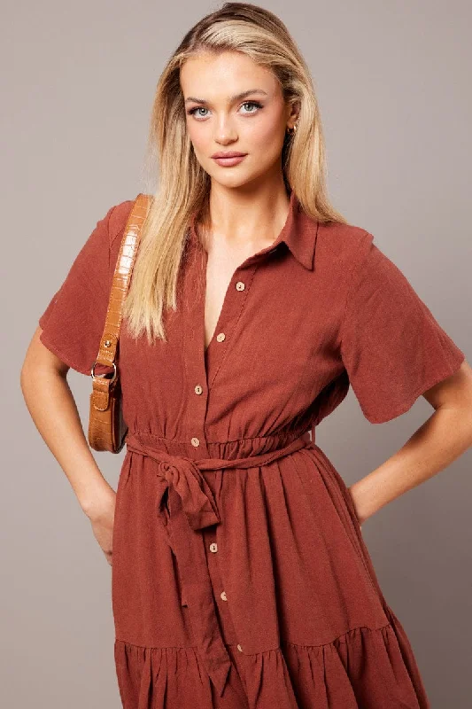 Brown Fit And Flare Dress Wing Sleeve