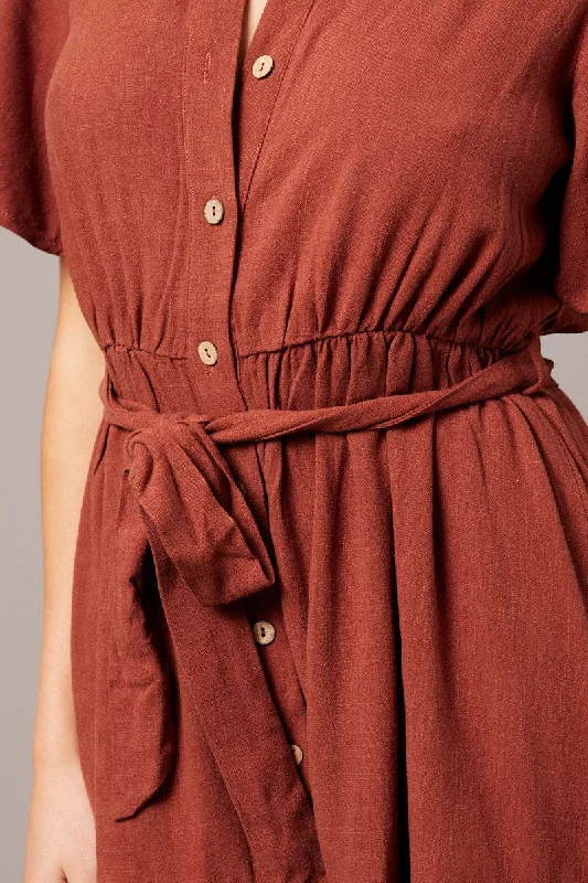 Brown Fit And Flare Dress Wing Sleeve