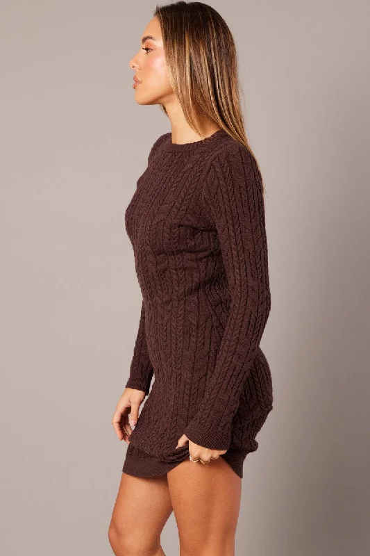 Brown Knit Dress Long Sleeve Cable Mini