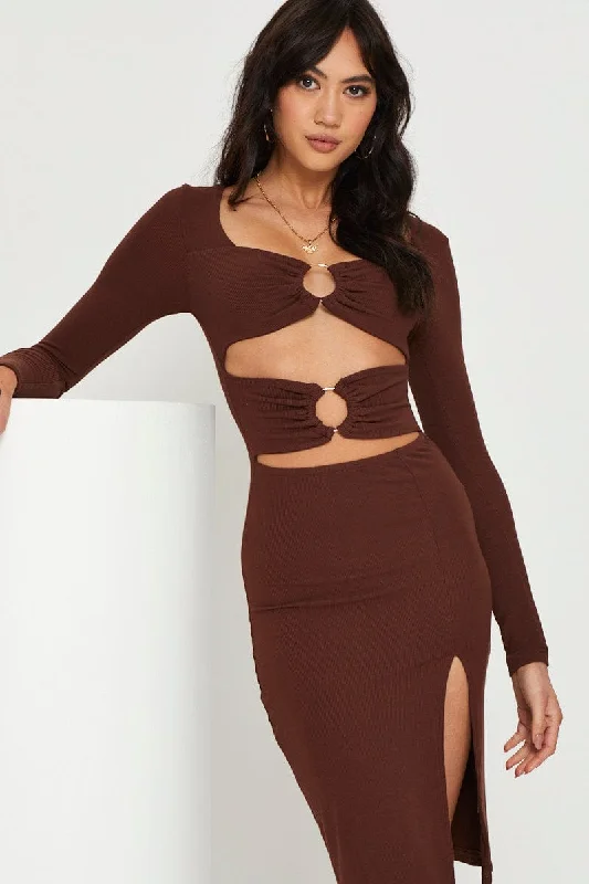 Brown Midi Dress Long Sleeve