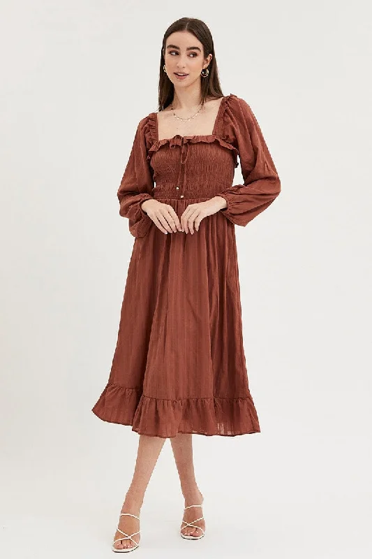 Brown Midi Dress Long Sleeve Evening