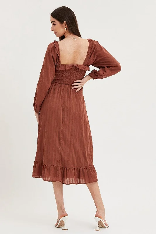 Brown Midi Dress Long Sleeve Evening