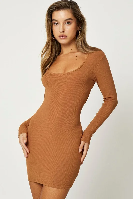 Brown Mini Dress Long Sleeve Evening