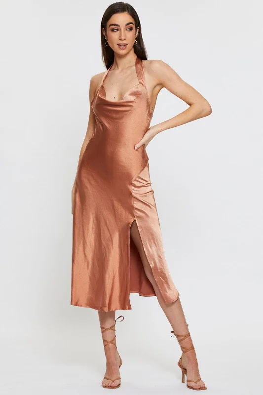 Brown Slip Dress Midi Satin