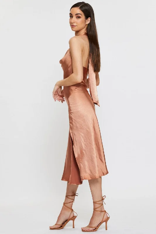 Brown Slip Dress Midi Satin