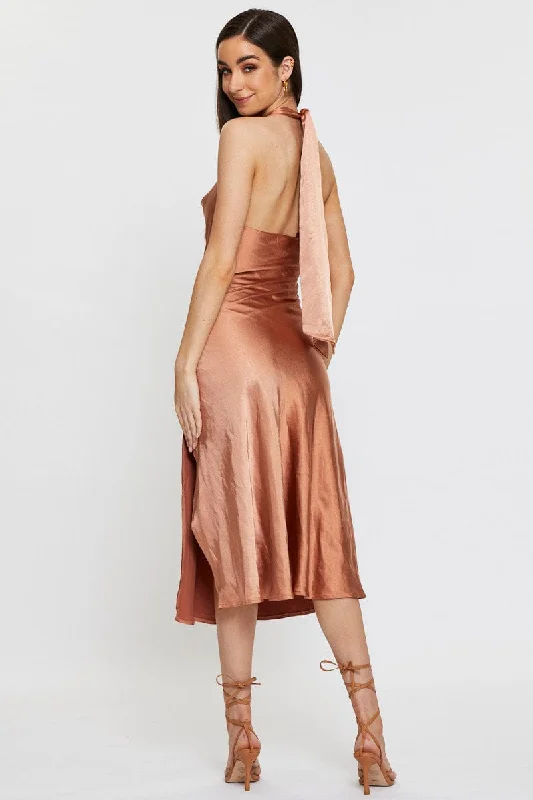 Brown Slip Dress Midi Satin