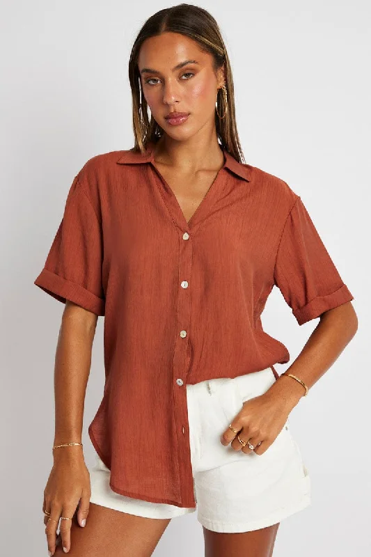 Brown Textured Shirt Short Sleeve