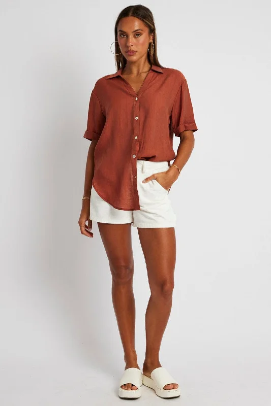 Brown Textured Shirt Short Sleeve